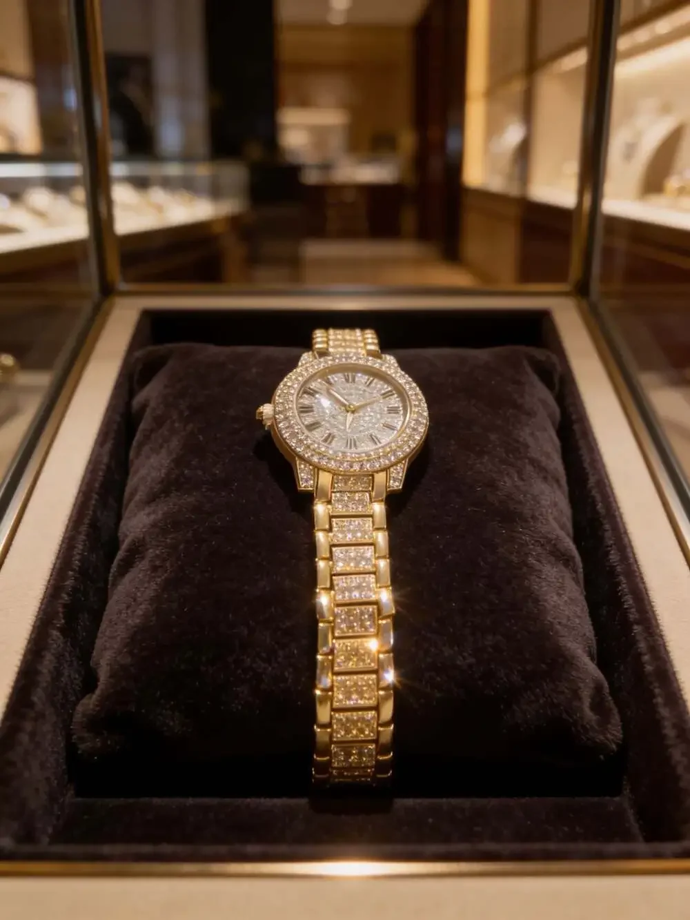 Gold Tone Rhinestone Iced Out Bling Quartz Wristwatch with Link Bracelet